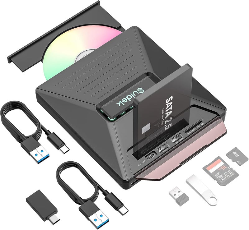 SUIDEK CD DVD Drive External, Portable CD DVD Driver +/-RW Burner with 2.5" SATA,SD Card Reader and USB A Type C 2.0 Hub Compatible with Laptop PC - Image 1